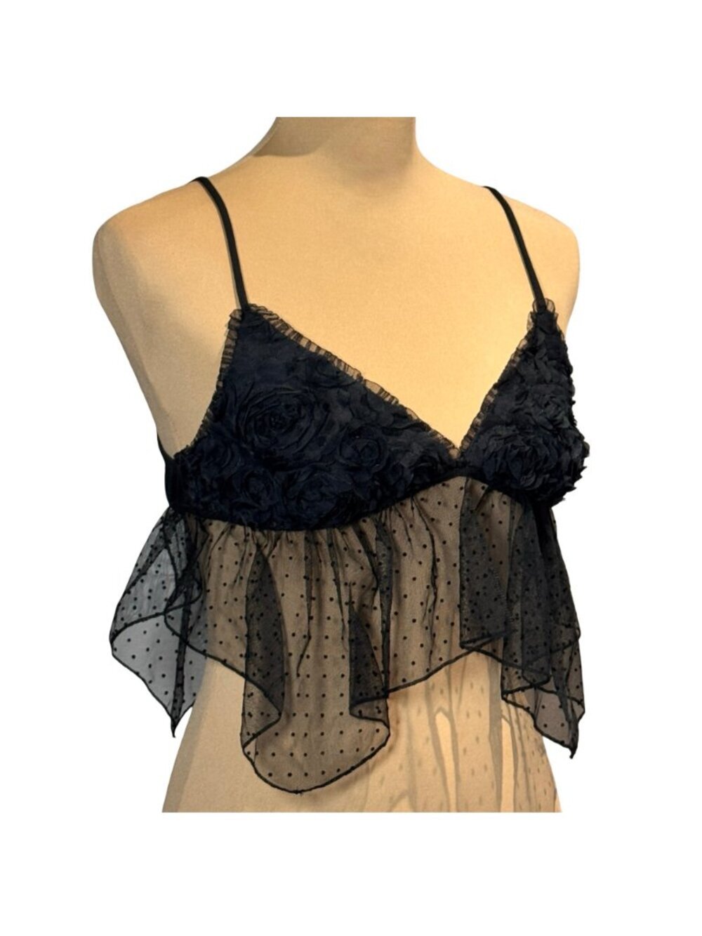NEW Kimchi Blue Black Lace Asymmetric Babydoll Crop Top Sz S 3D Flower Ethereal - Picture 2 of 15